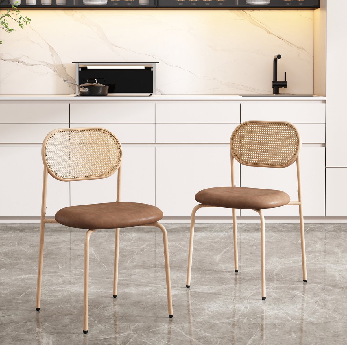 MEUNIQ 2-delige eetkamerstoelen set met natuurlijke rotan rugleuning, PU zitting, metalen vierpoot en bruin design voor eetkamer of woonkamer