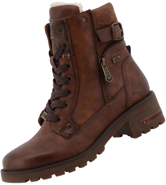 Zijaanzicht van een bruine veterboot met teddy voering, gesp, rits, veters en paardenlogo.