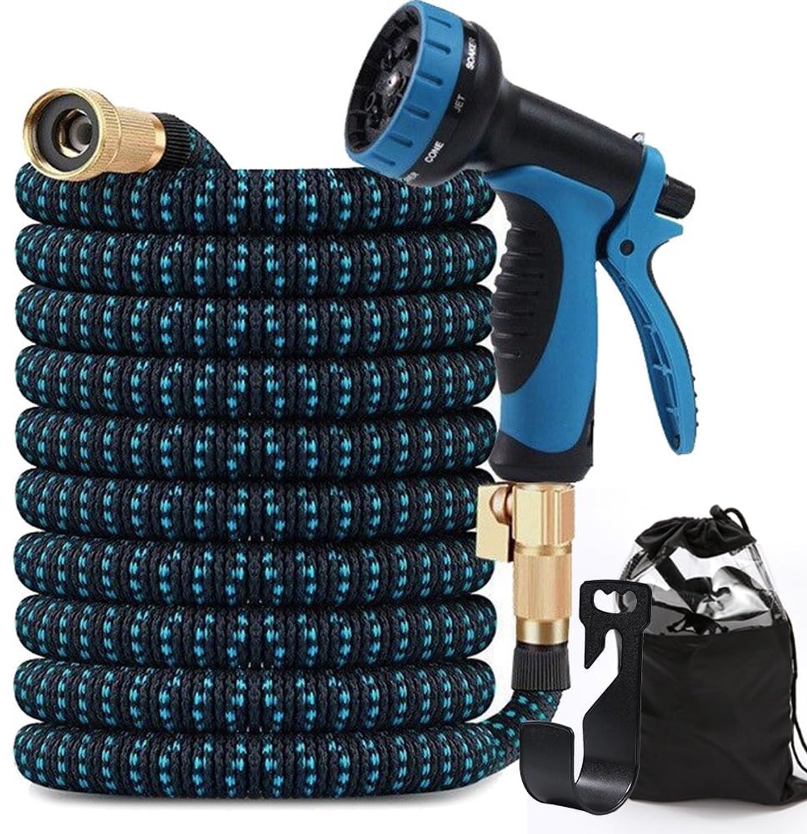 SnelShoppen - Flexibele Tuinslang 15 m - Rekbare Waterslang met 8 Functiesproeiers - Ideaal voor Tuin, Irrigatie, Autowassen - Blauw - Voor Buiten Geb