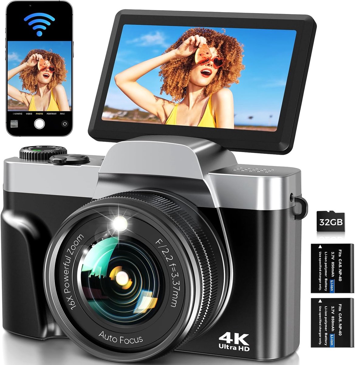 Digitale Camera 4K 64MP – Vlogcamera met WiFi, Autofocus, 180° Klapscherm, 16x Zoom en 32GB Kaart