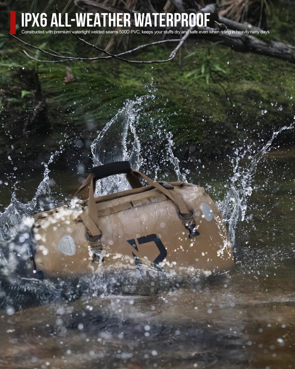 SnelShoppen - Waterdichte motortas, zadeltas, achtertas, reistas met rolsluiting en schouderriem, 70L bruin voor motorrijden, kamperen en watersport