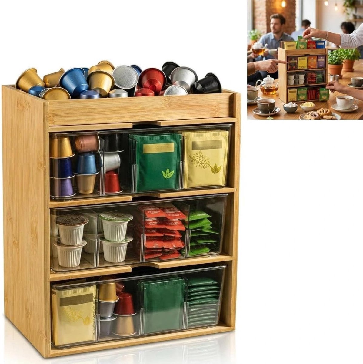 Theezakjes organizer met 3 etages en transparante laden voor optimale thee-opslag in de keuken en kantoor