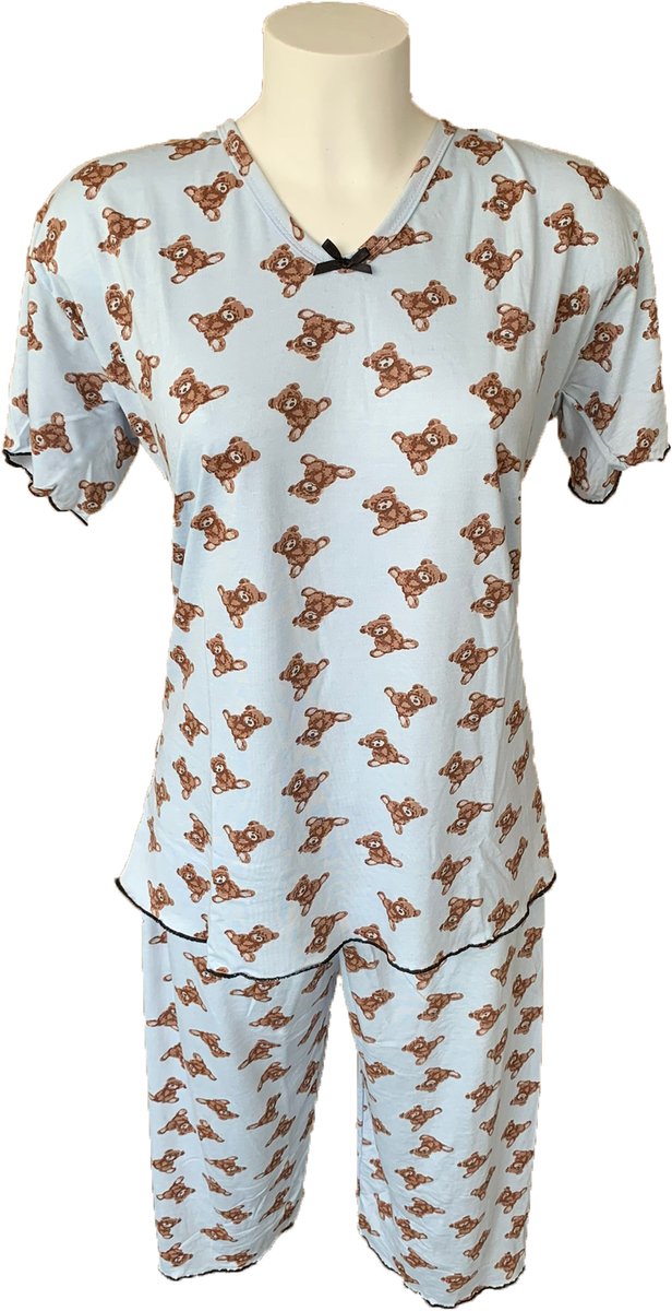 Dames Pyjamaset met Beertjes Patronen - Korte Mouwen Shirt en Driekwart Broek 76 cm - 95% Katoen en 5% Lycra/Elastaan - Kleur Lichtblauw - Maat XXL