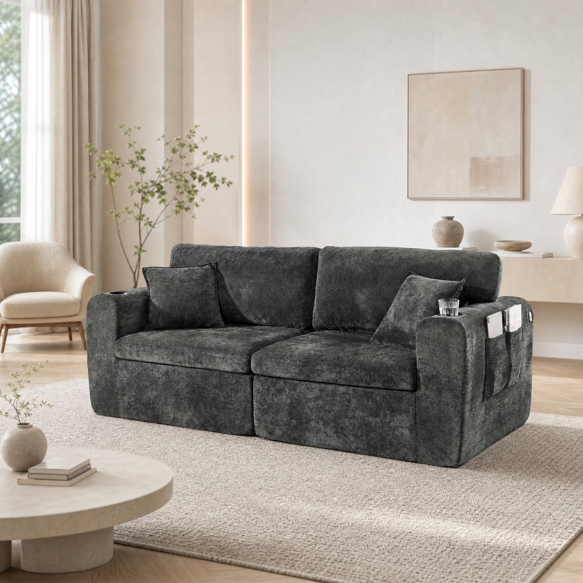 REDOM Bank - 2-zits relaxsofa - Chenille bekleding - USB-laadfunctie - Opbergtas en bekerhouder - Kussens inbegrepen - Moderne stijl - Woonkamer en werkkamer - Zwart - 220 x 100 x 89 cm