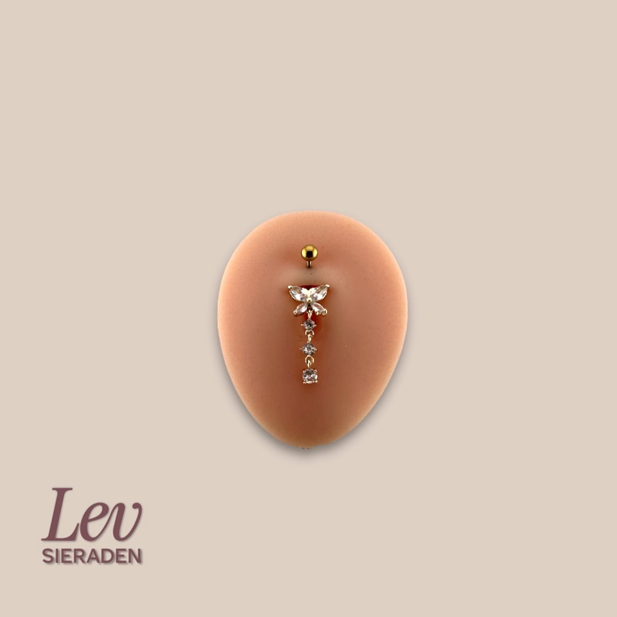 Lev Sieraden - 1.6x10mm Vlinder in zirkonia met hanger - navel piercing - Goud kleurig - Titanium - extern geschroefd