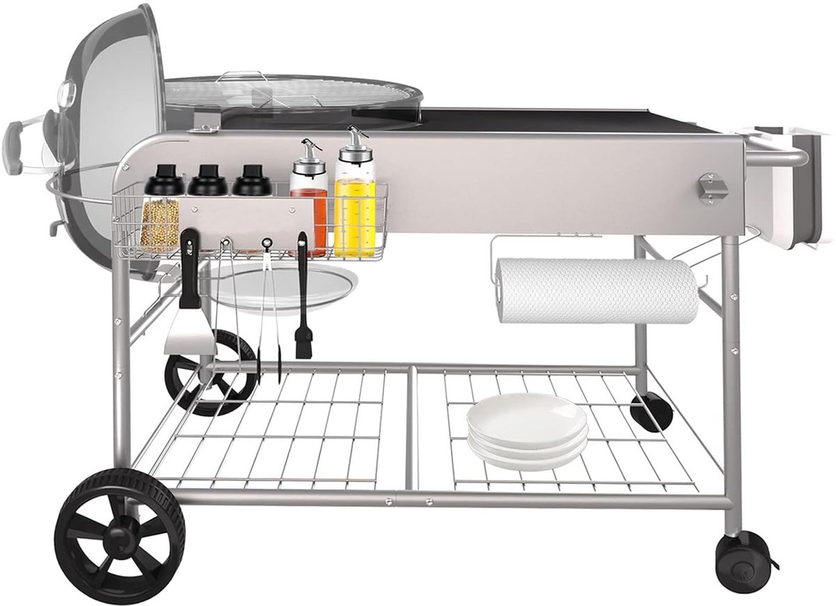 SnelShoppen - Roestvrijstalen Grilltafel voor Houtskoolgrill, Grillwagen voor Kettle, Premium, Master Touch, Jumbo Joe - 47 cm & 57 cm - Ideaal voor B
