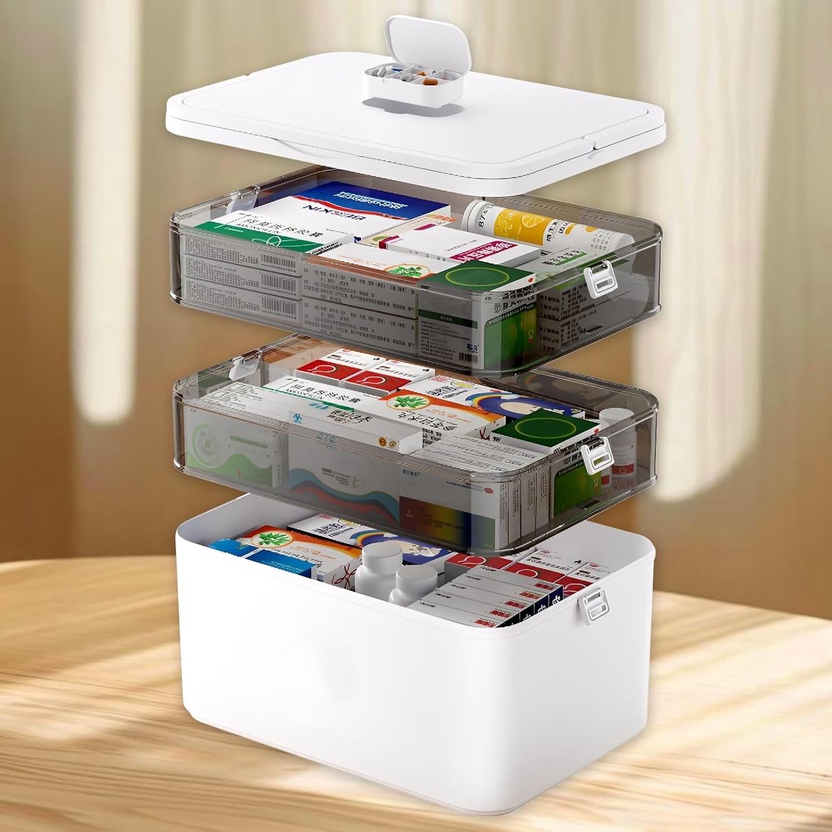 Medicijnkoffer met 3 etages, organizer voor medicijnen, opbergdoos met deksel en handgreep, ideaal voor gezinnen, 31 × 16,5 × 25,5 cm (wit)