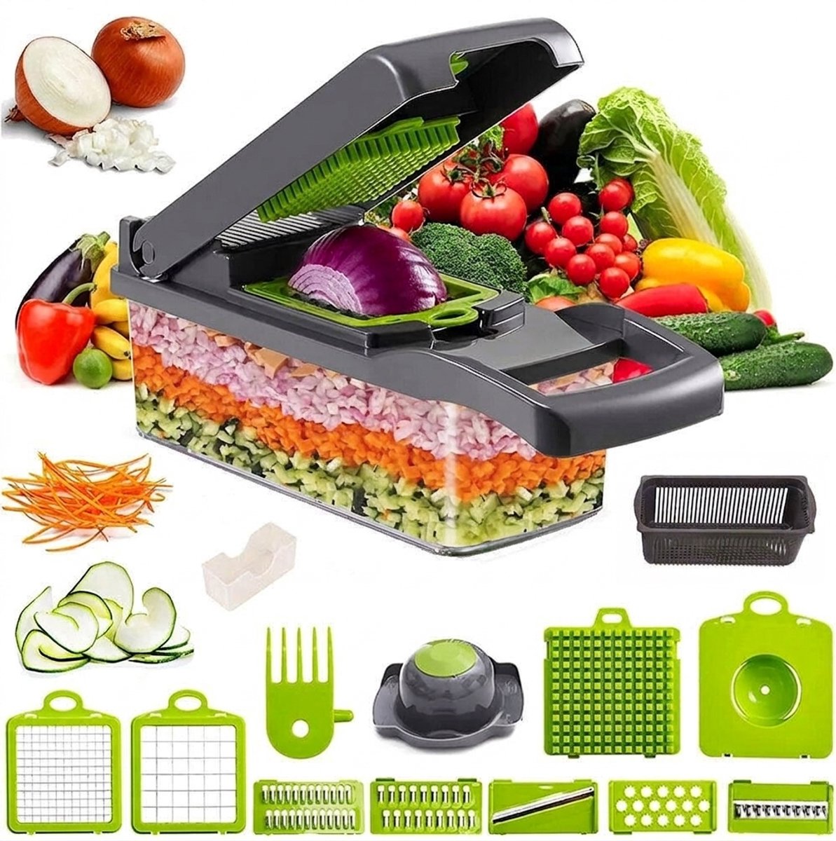 15-delige multifunctionele groentesnijder – mandoline met 1.5 L opvangbak en afdruipmand, handmatig, voor keuken en thuis