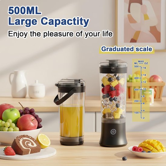 Persoonlijke draagbare blender voor shakes en smoothies, 500ml Krachtige Draadloze Mini Blender Juicer, USB Oplaadbaar met 6 Ultra-scherpe messen voor reizen, kantoor en sport (zwart) — afbeelding 2