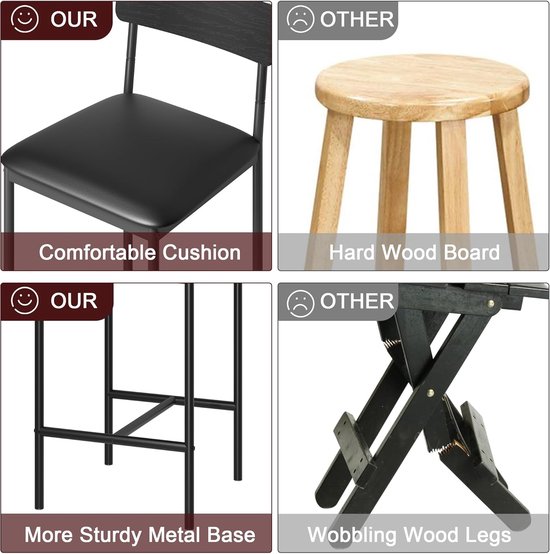 Vergelijking van onze zwarte barkruk met comfortabele zitting en metalen basis versus een houten kruk met hardhouten zitting.