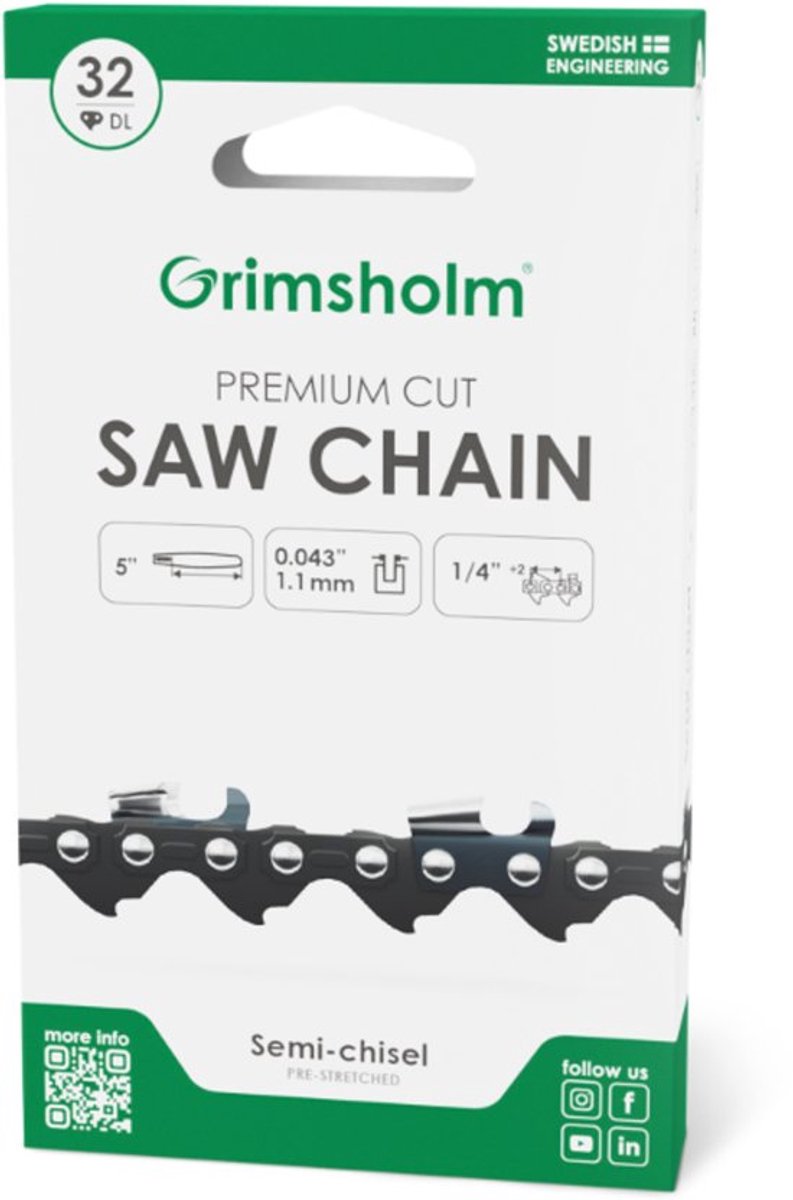 Zaagketting Premium Cut 1/4".043"1,1mm 32 Schakels Merk Grimsholm