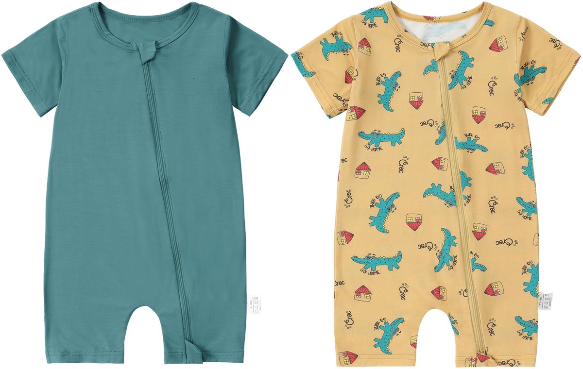 SnelShoppen - Set van 2 Babyrompertjes van Bamboevezel, Zomerromper voor Pasgeborenen, Uniseks, Zacht en Ademend, Milieuvriendelijke Pyjama, Erwtengro