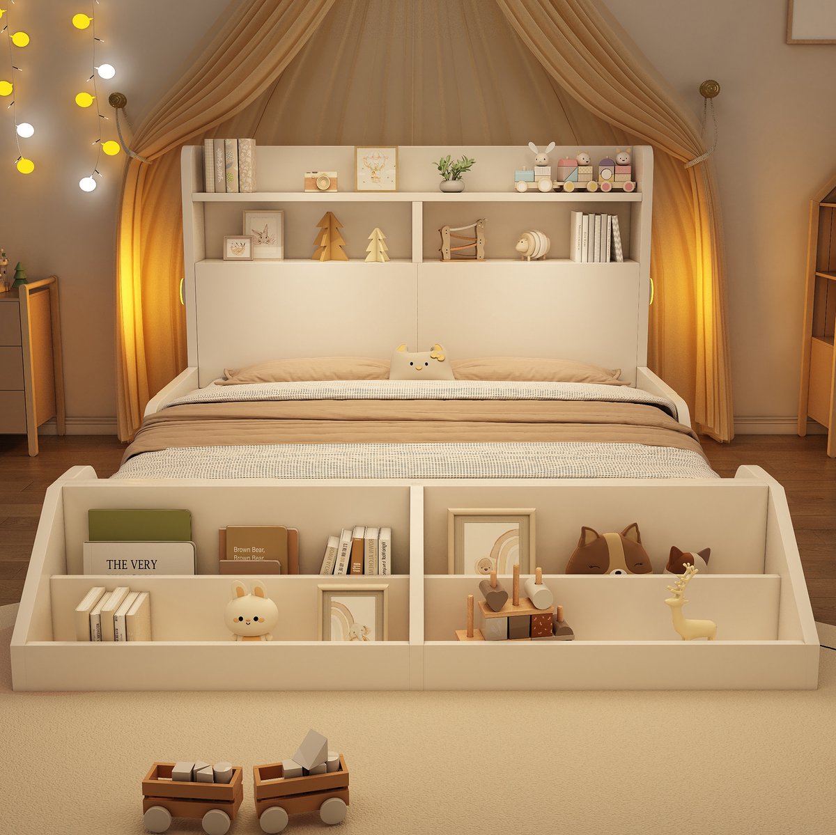 COVREO Bed 140x200 cm wit – met lattenbodem, nachtlampjes en afneembaar boekenrek
