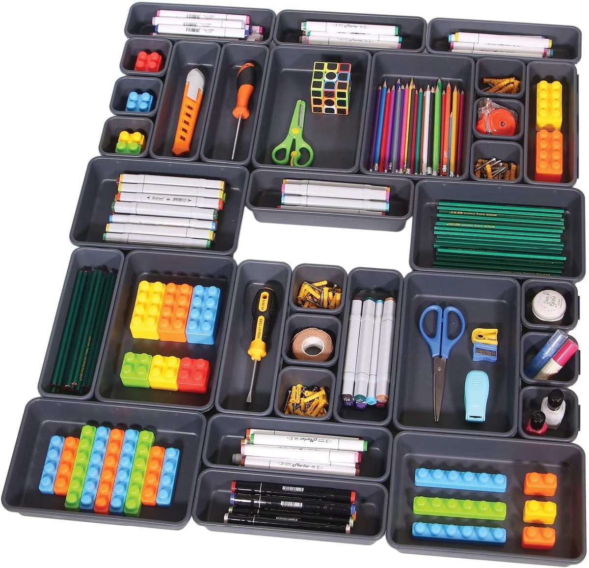 SnelShoppen - Set van 8 Lade Organizer Set - Kunststof Opbergers en Ladebakjes in 3 Maten - 24 Grijze Sorteerboxen voor Bureau, Badkamer, Make-Up, Keu