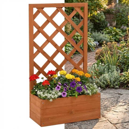 Plantenbak met klimrek - Bloembak - Weerbestendig - Met trellis - Buiten - Hout - Plantenrek - 18 Liter - Oranje