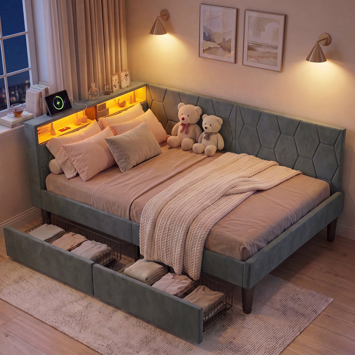 SHOPENTRA Opbergbed 90x200 cm Grijs Fluweel – 2-in-1 Bedbank met 2 Opberglades, LED Hoofdbord, USB & Type-C Poorten en Stevige Lattenbodem