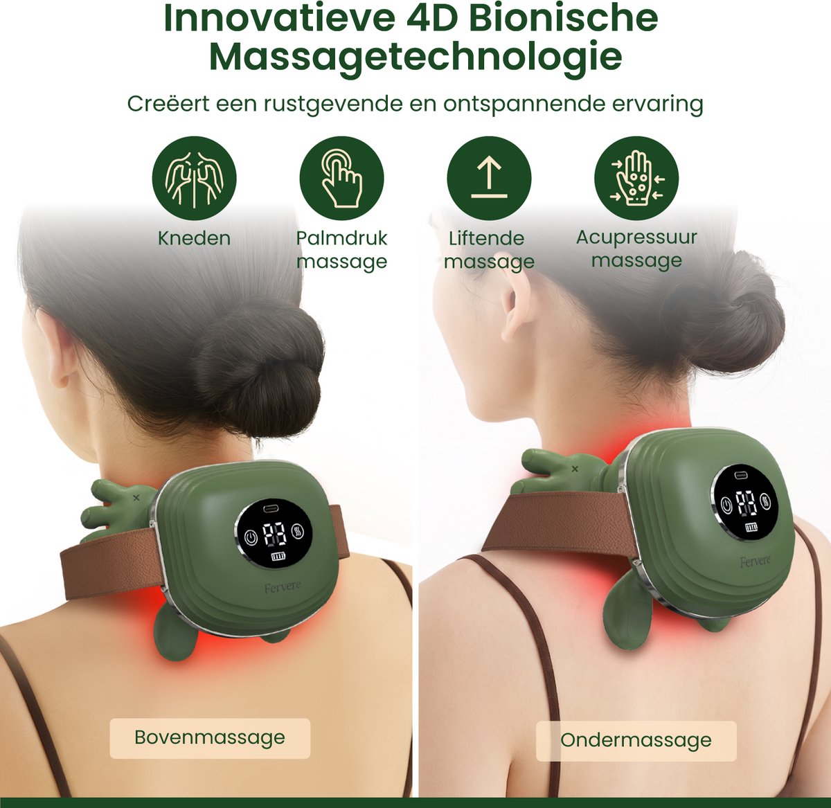 Fervere Premium 4D Nekmassage Apparaat - Bionische Massagehanden met Warmte - Draadloze Shiatsu Massager - LED Display - Voor Nek, Schouders, Rug, Armen & Benen - Donkergroen thumbnail 4