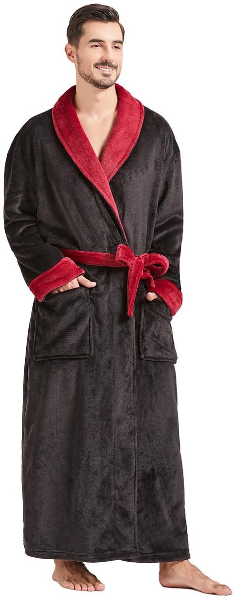 SnelShoppen - Heren Gewaden Pluche Fleece Lange Badjas met Sjaal Kraag, Warm en Comfortabel voor Winter, Zwart & Bourgondië, 3XL-4XL Plus Tall