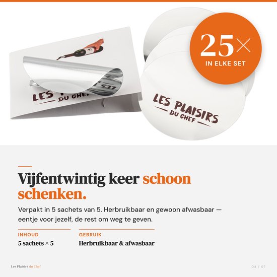 Een pakje met "LES PLAISIRS DU CHEF" logo en een aluminium druppelvanger. Een stapel van vijf ronde, zilverkleurige druppelvangers met "LES PLAISIRS DU CHEF" logo. De tekst "25X IN ELKE SET" staat in een oranje cirkel.