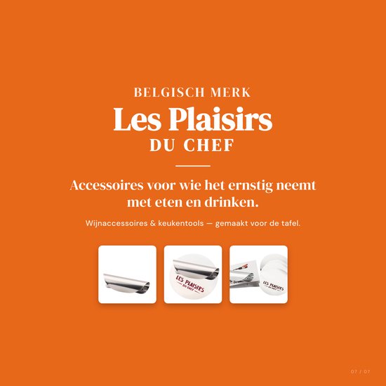 Een oranje achtergrond met de tekst "BELGISCH MERK Les Plaisirs du Chef". Drie afbeeldingen van de zilverkleurige druppelvangers.