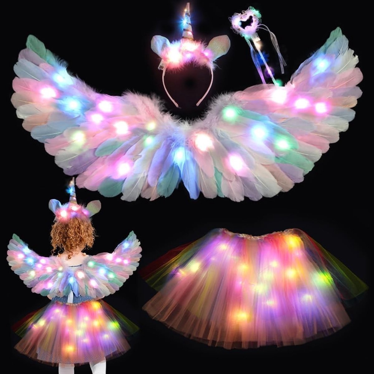 Lichtgevend feeënkostuum voor kinderen met veervleugels, led-tutu-rok en toverstaf voor Halloween en Kerstmis