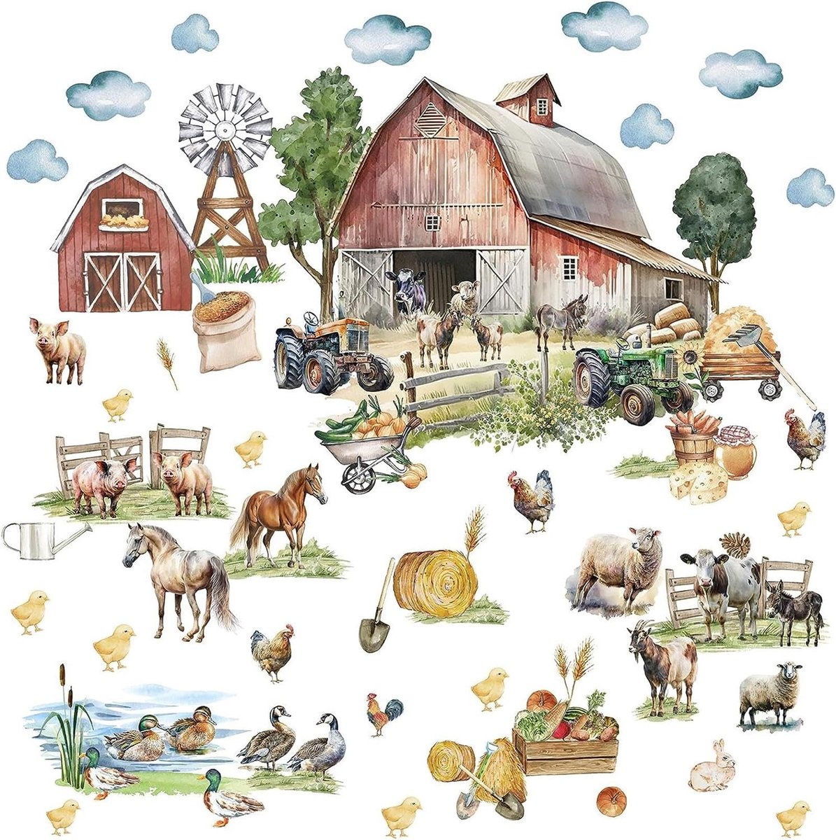 SnelShoppen - Grote Boerderij Dier Muurstickers - Vintage Grappige Dieren Schil en Stok - Schattige Schapen, Kip, Haan, Eend, Paard, Varken, Koe voor