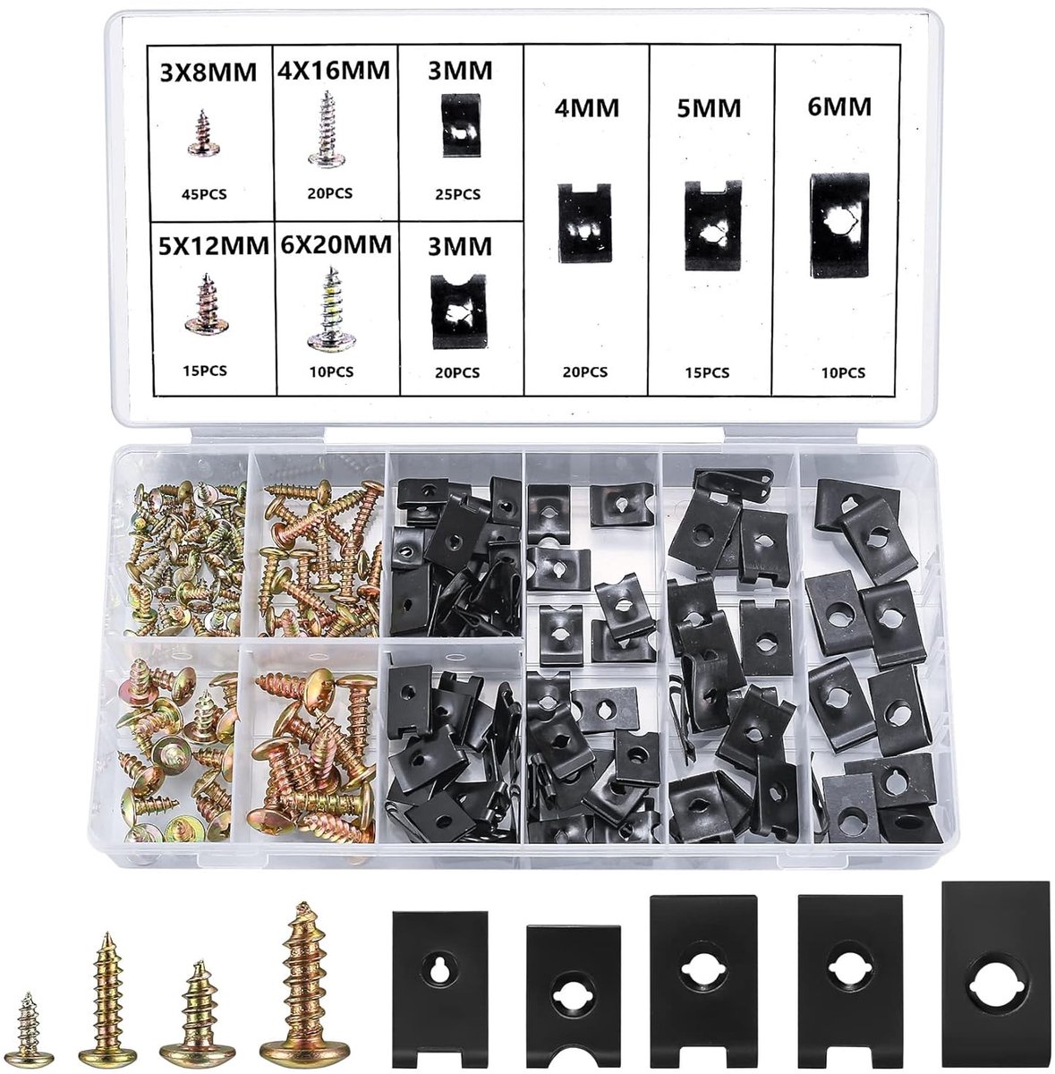 Complete set van 180 schroeven en bevestigingsclips voor auto, inclusief 90 Phillips schroeven en U-vormige clips voor carrosserie en fenders.