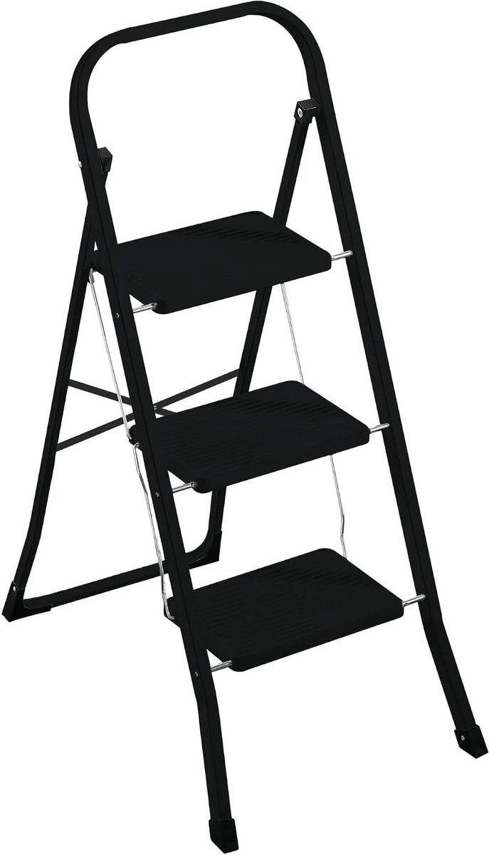 Huishoudladder 3 treden - Klusladder opstapje - Veilig klussen - Inklapbaar ontwerp - 104 cm hoog - Zwart