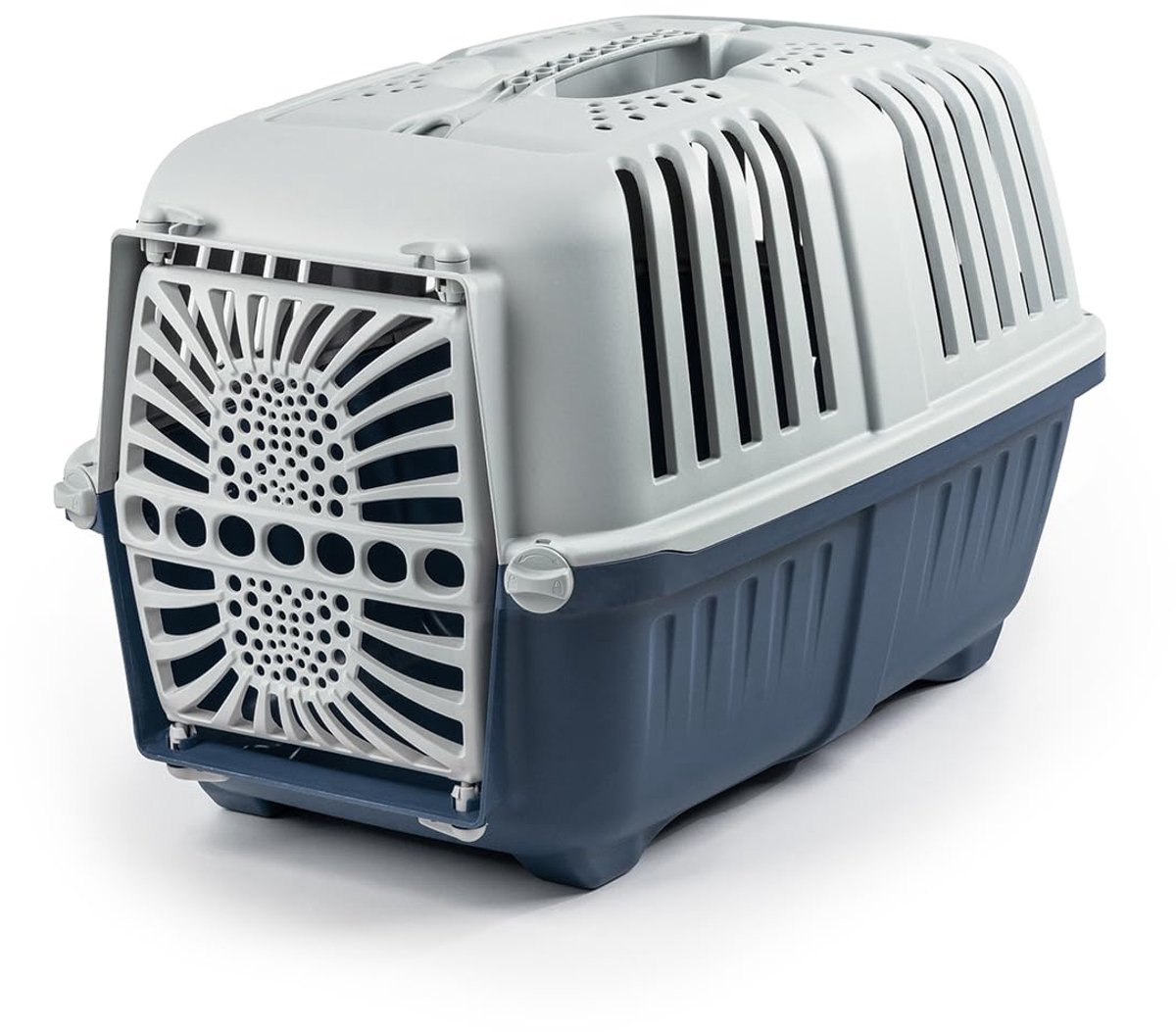 SnelShoppen - Dierentransportbox voor honden en katten tot 15 kg, 48 x 31,5 x 33 cm, blauwe kunststof box met deur, draaggreep en ventilatiesleuven vo