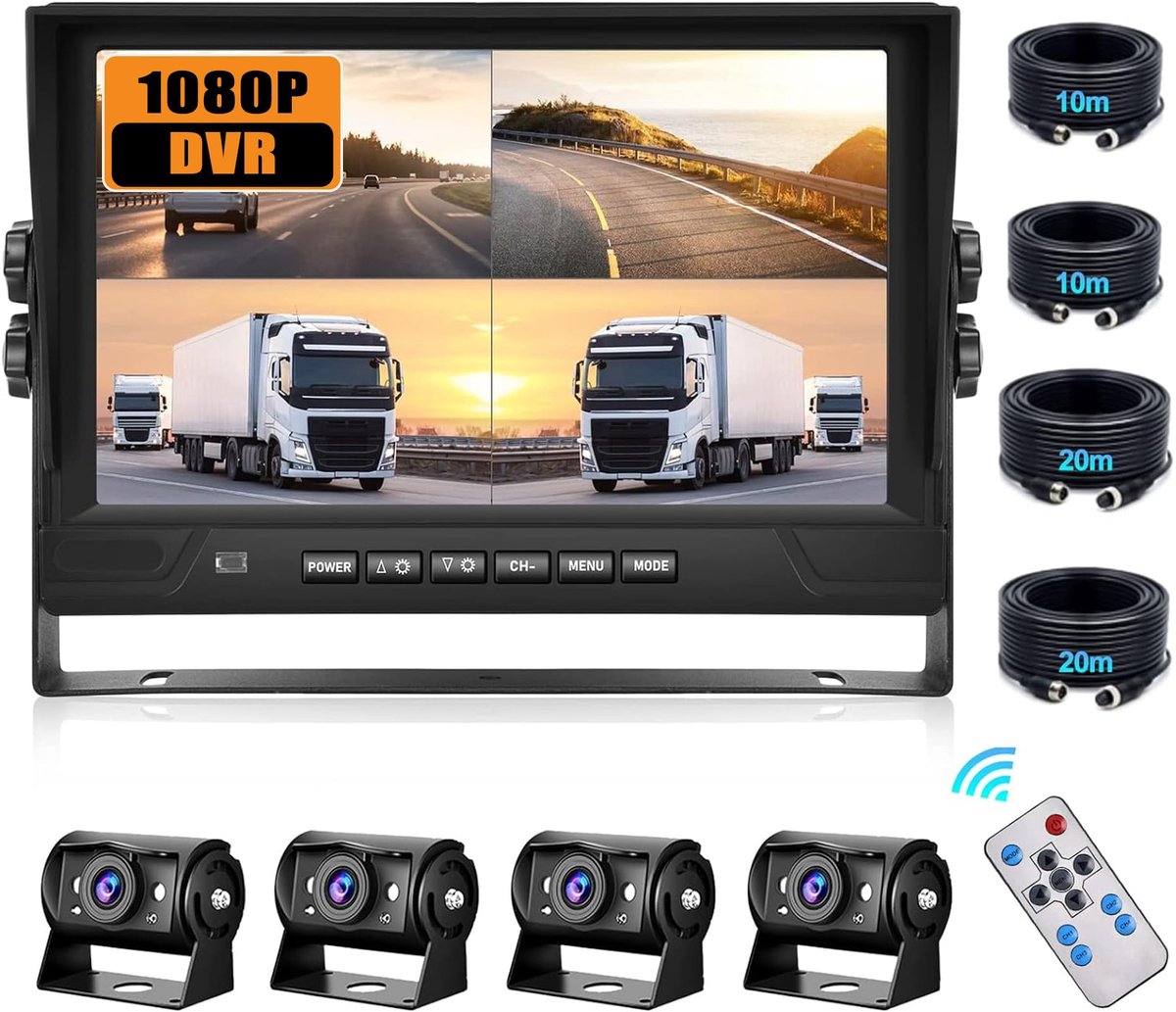 SnelShoppen - Achteruitrijcamera-set voor vrachtwagens met 4 camera’s, 9" LCD-monitor, DVR, breedhoek, IP68 waterdicht, 18 IR nachtzicht voor campers,