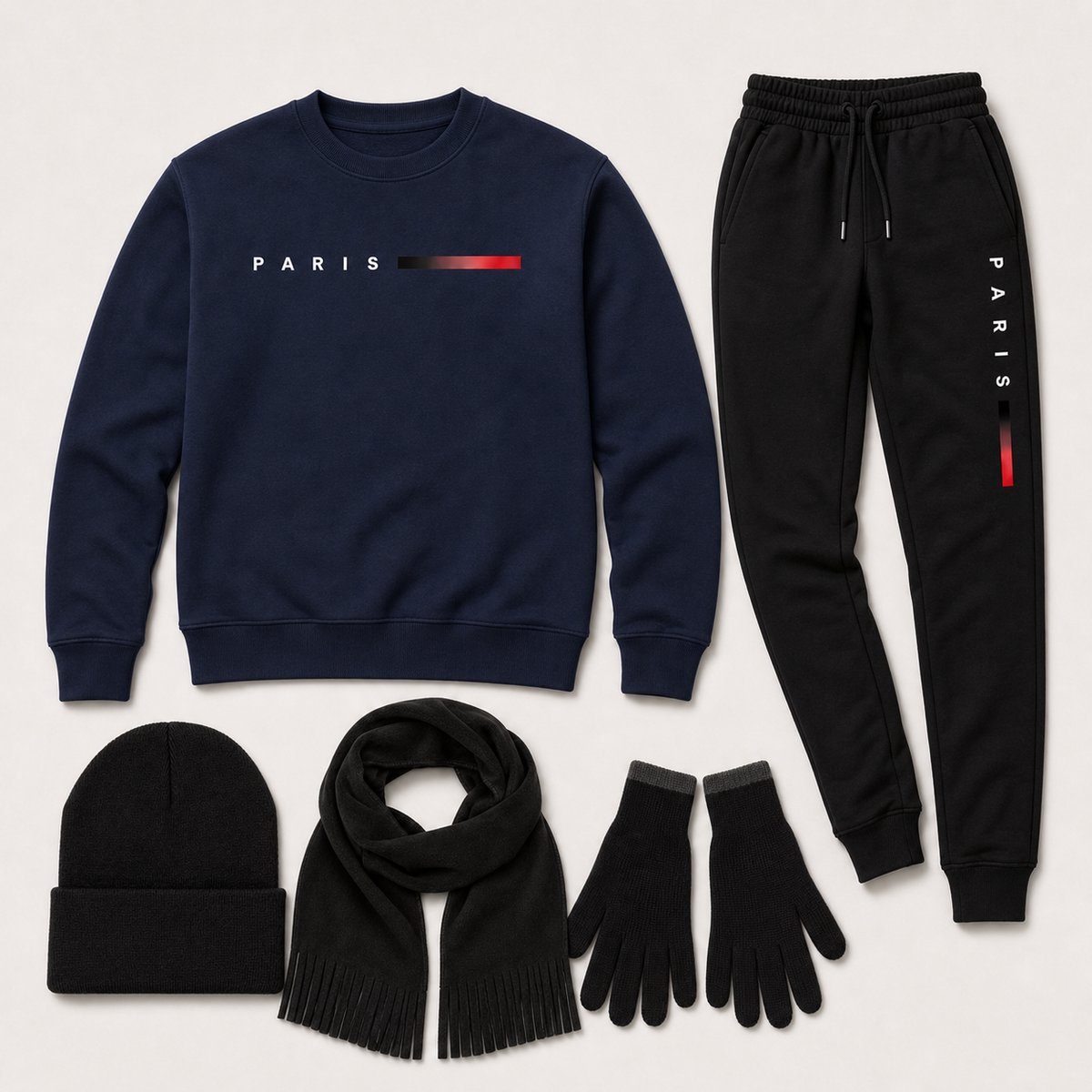 Trainingspak Heren – Joggingpak met Sweater en Joggingbroek – 5-Delige Winterset met Muts, Sjaal en Touchscreen Handschoenen - Marineblauw - M