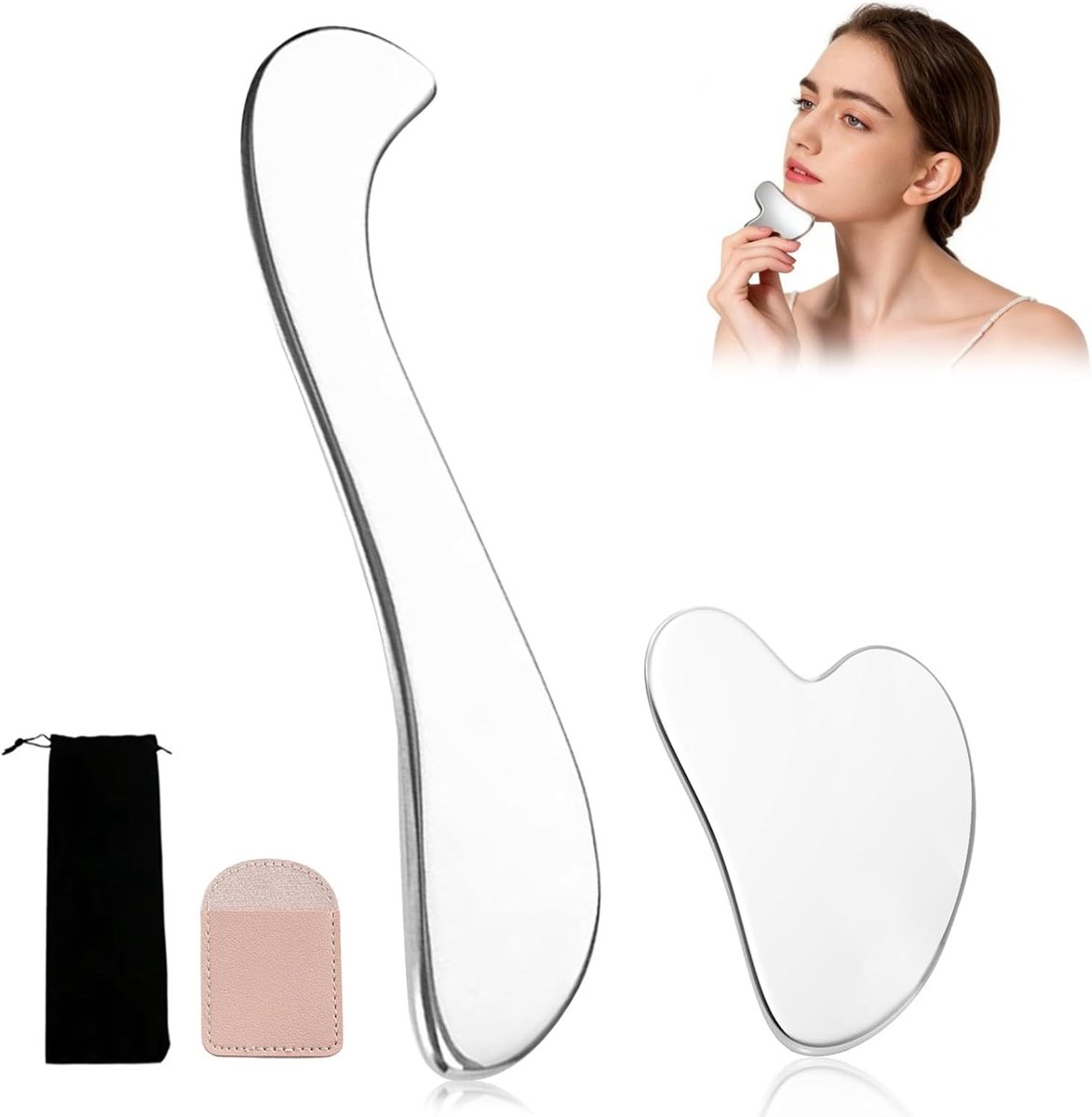 Multifunctionele Gua Sha Set van 2 Stuks voor Gezichtsmassage en Spierontspanning, Roestvrij Staal, Ideaal voor Gezicht, Hals en Lichaam