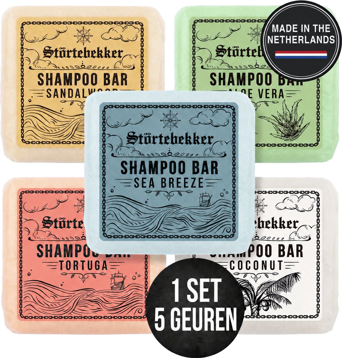 Störtebekker® Premium Vaste Shampoo Top 5-set (5 geuren) - Handgemaakte, veganistische hydraterende shampoo voor mannen en vrouwen - Heerlijk geurende doucheverzorging voor huid en haar