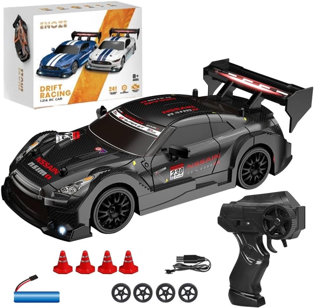 Snelheidsdrift Auto 1:24, Radiografische Mini Drift Auto met LED Verlichting en 30km/h, Inclusief 4 Banden en 4 Wegsloten voor Kinderen