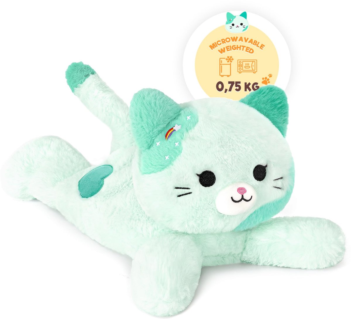 SnelShoppen - Pluche warmtekussen kat 0,75 kg - Magnetron verwarmd knuffeldier voor volwassenen en kinderen, 40 cm, groen - Perfect cadeau voor feest,