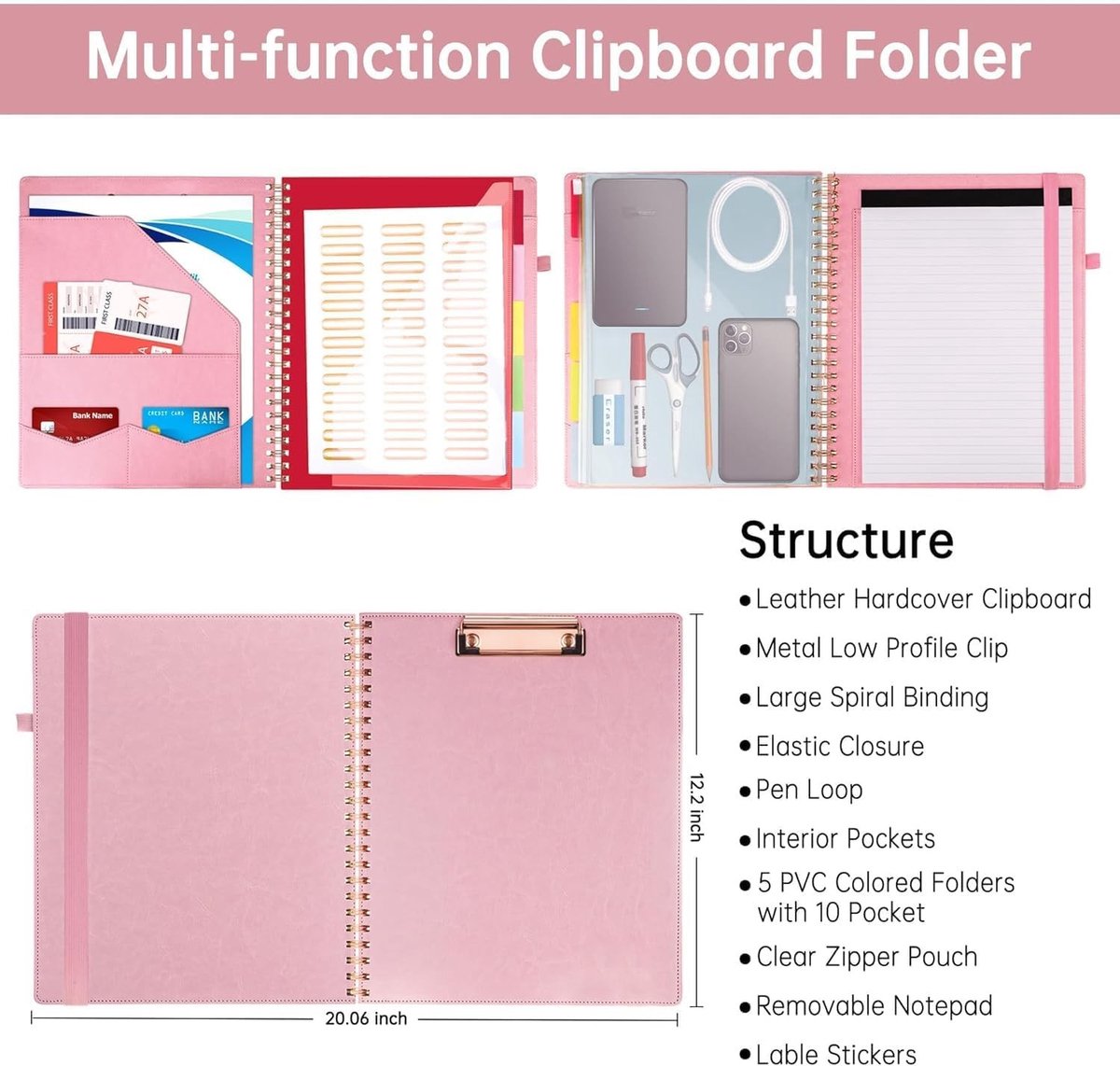 Clipboard Map met Opbergzak, Spiralen Clipboard Folio met Navulbaar Notitieblok, 5 Mappen en 10 Documentcompartimenten voor Kantoor en School, Roze, Perfect voor Organisatie en Notities