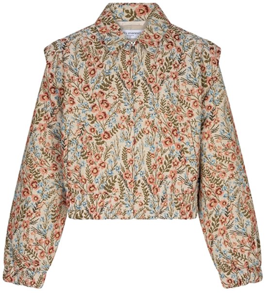 Korte jas met bloemenprint in roze, blauw en groen op een beige ondergrond. De jas heeft een kraag en lange mouwen.