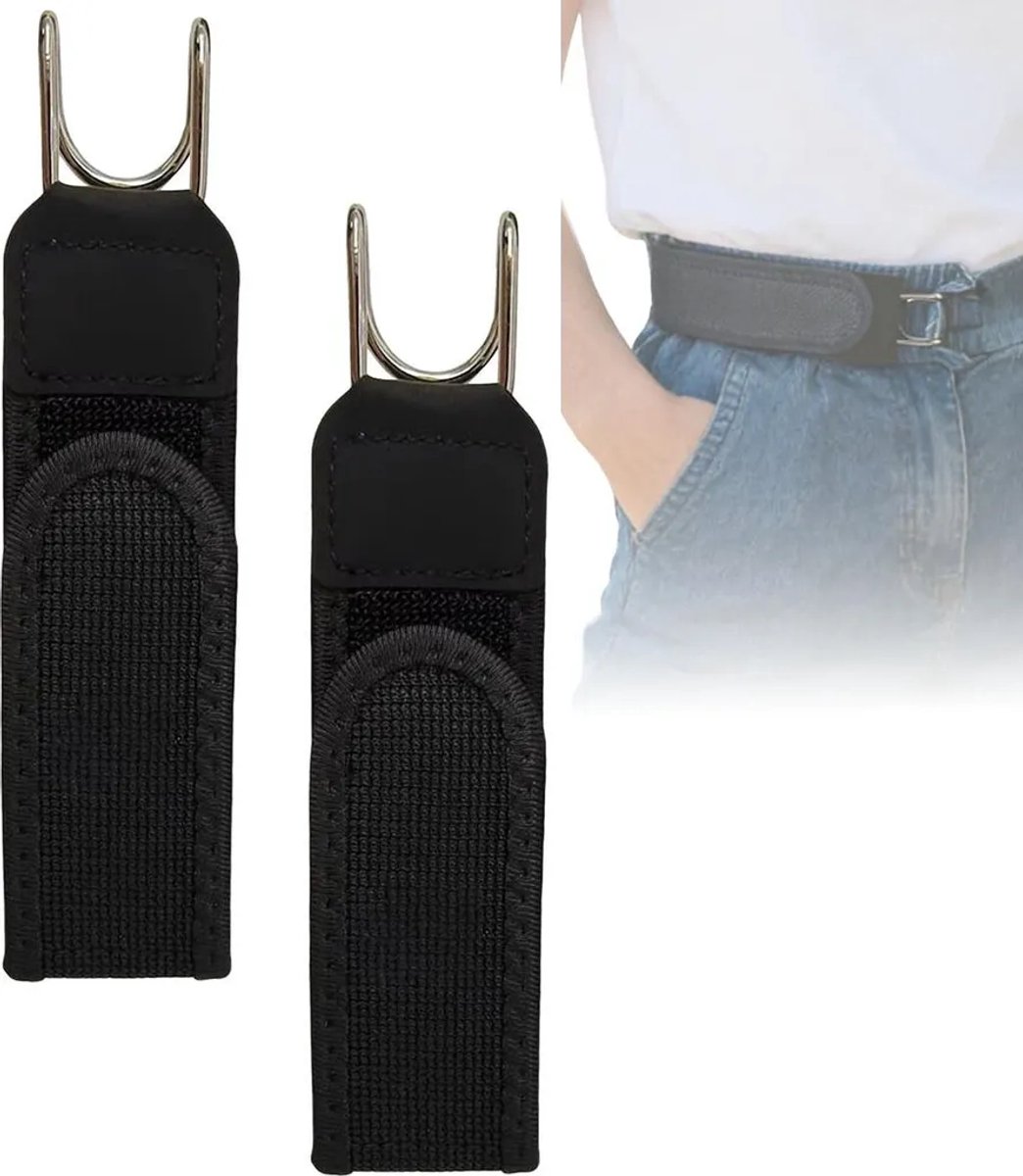 Tweedelige riemset zonder gesp, met metalen haak, elastische tailleband, geschikt voor heren, jeans, werk en casual gelegenheden.