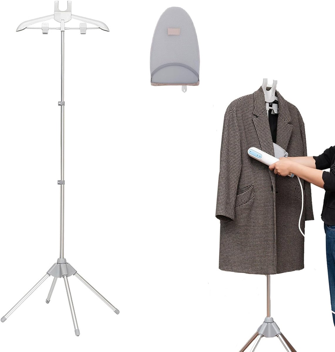 SnelShoppen - Kamanan Handheld Stoomstandaard voor Kleding met Strijkhandschoen, Telescoopstatief, Lichtgrijs, Perfect voor Thuisgebruik en Reizen