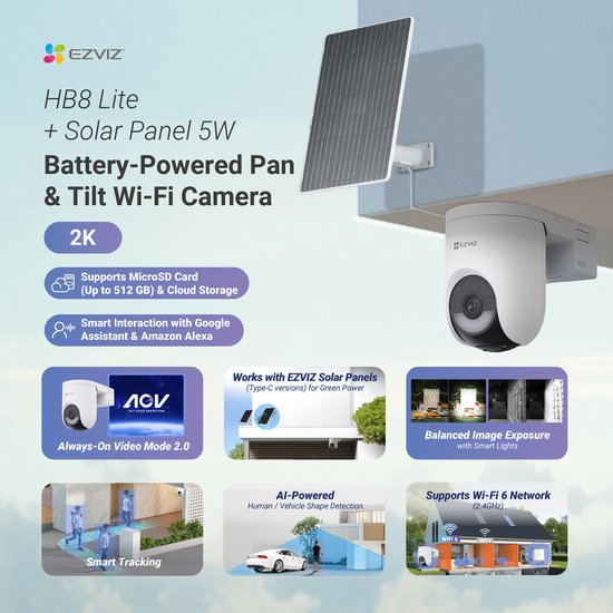 EZVIZ HB8 Lite 2K+ met Zonnepaneel - Draadloze Buitencamera - 360° Pan & Tilt - AI Mens- & Voertuigdetectie - Kleur Nachtzicht - Werkt met Google Assistant & Alexa van EZVIZ — afbeelding 2