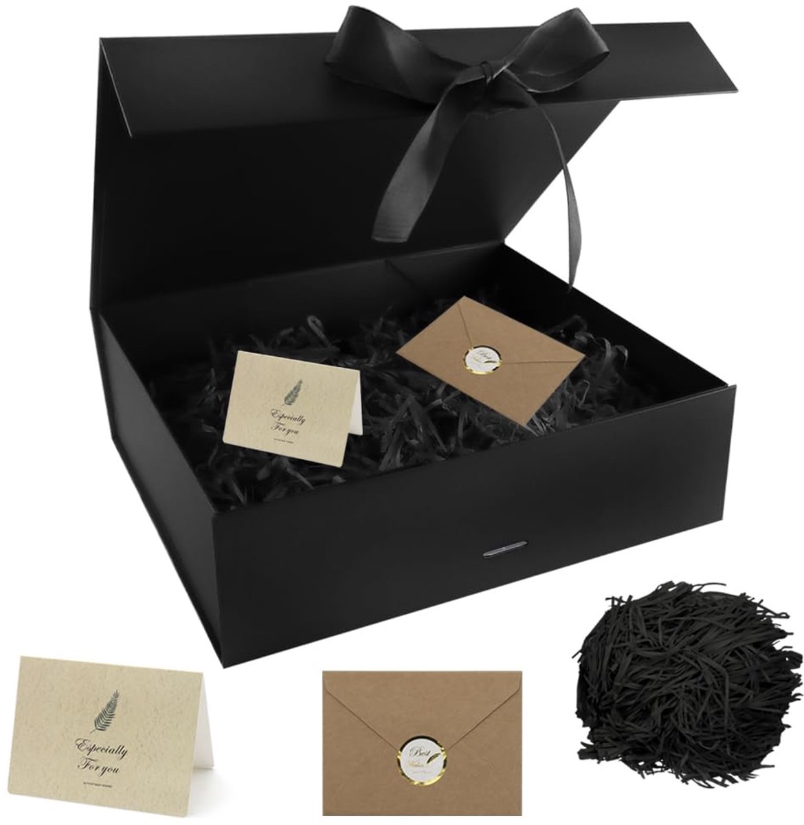 SnelShoppen - Magnetische Geschenkdoos met Deksel, 30 x 24 x 10 cm, Zwart, Opvouwbare Geschenkdoos met Lint, Inclusief Wenskaart en Bast, Herbruikbaar