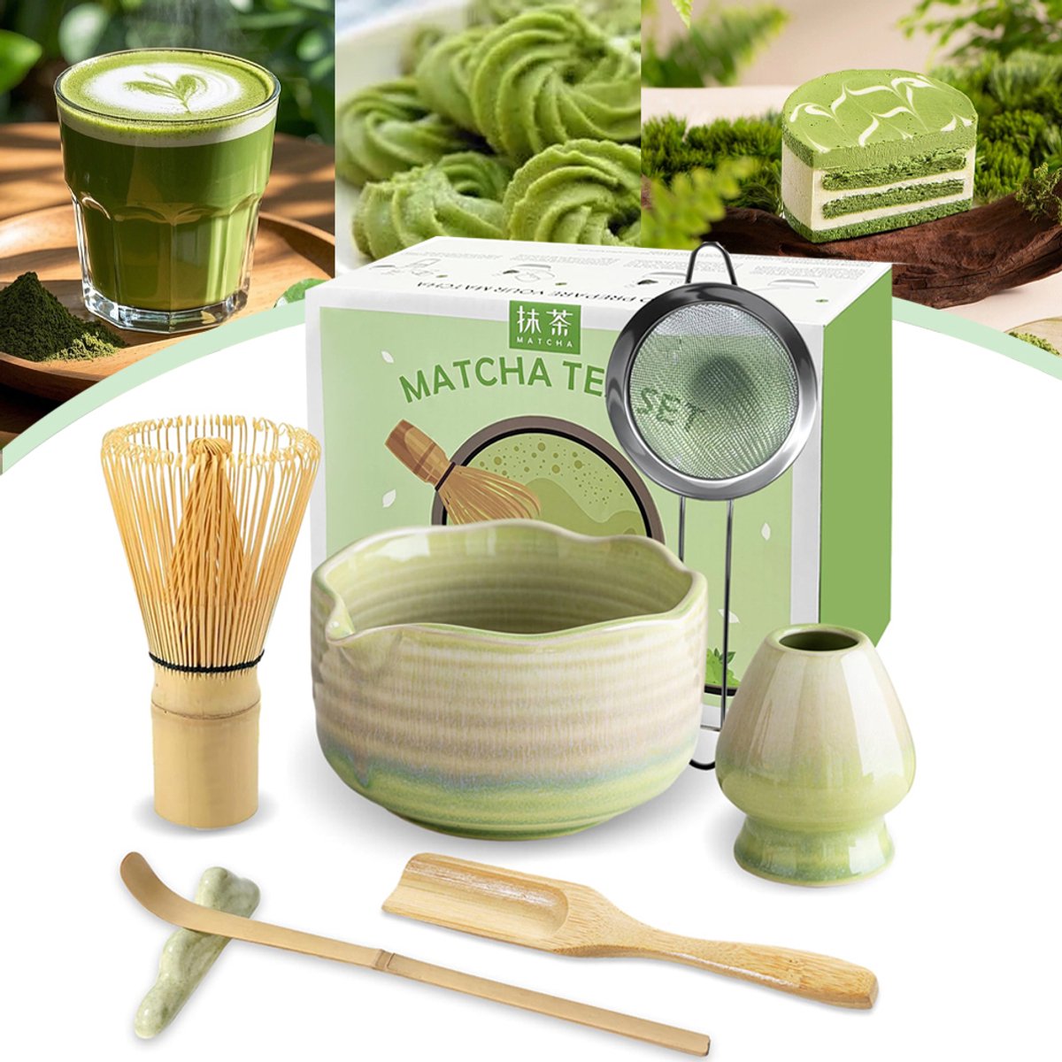 7 Stuks Matcha Garde Set - Bamboe Matcha-Garde - Keramische Kom Met Schenktuit - Matcha Theeset Voor Het Maken Van Latte