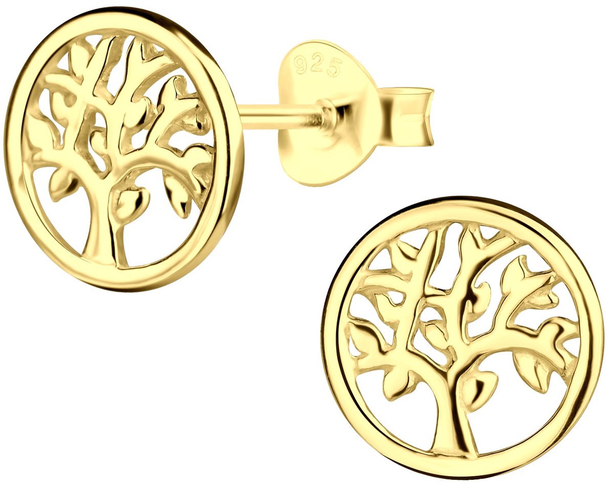 Joy|S - Zilveren levensboom oorbellen - 9 mm - rond massief - boom - sterling zilver 925 - goldplated - levensboom oorknoppen