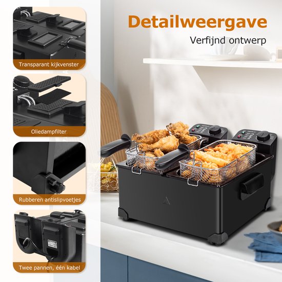 Zwarte dubbele friteuse met gedetailleerde shots van het transparante venster, oliedamfilter, antislipvoetjes en dubbele kabel.