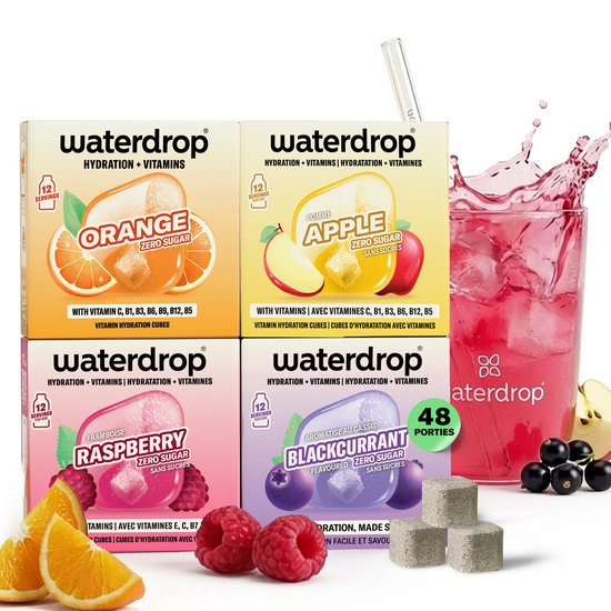 waterdrop® Microdrink Bestseller set – 48 Bruistabletten voor water in 4 Smaken - Appel, Sinaasappel, Framboos & Cassis – Suikervrij, Met Vitamine B6, B12 & C, Vegan & Glutenvrij – Minder Plastic, Meer Smaa