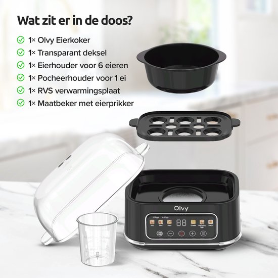 Inhoud van de doos: zwarte eierkoker met LCD-display, transparant deksel, 6-eierhouder, pocheerhouder, RVS plaat en maatbeker met prikker.
