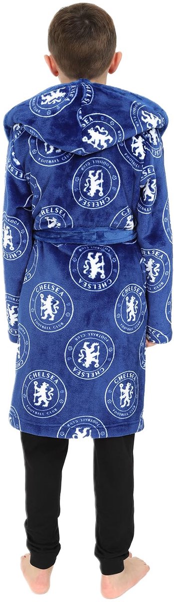 SnelShoppen - Jongens Officiële F.C. Badjas - Fleece Badjas met Capuchon voor Kinderen - Blauw - Maat 13-14 jaar - Perfect voor Thuis, Sport en Slapen