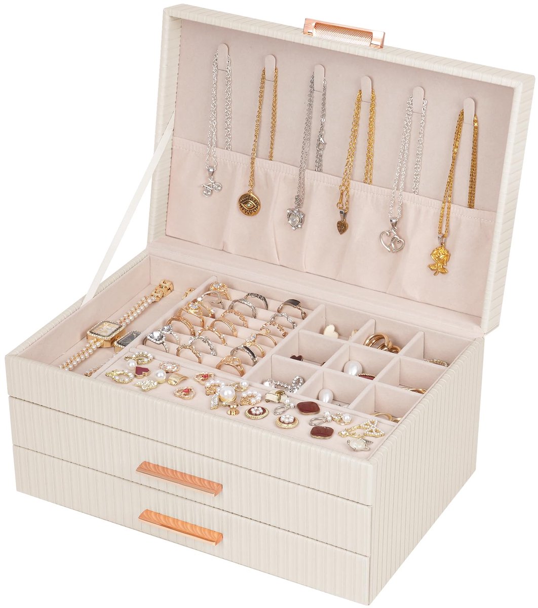 SnelShoppen - Dajasan Sieradenkistje, Grote Sieradenopslag met 3 Niveaus, 2 Laden, PU-leer, Beige, Modern Sieradendoos voor Make-uptafel, Cadeau voor
