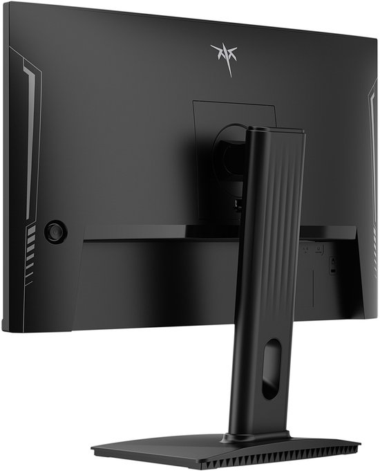 Achterkant van een zwarte gaming monitor met standaard en ventilatieopeningen.