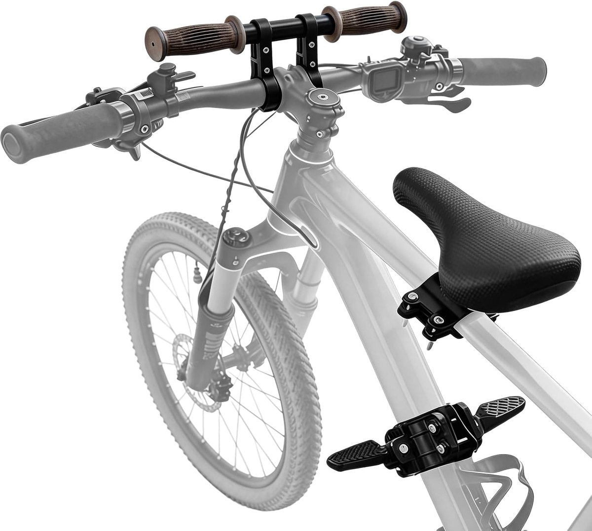 SnelShoppen - Mountainbike-kinderzitje voorop, afneembaar fietszitje voor kinderen 2-6 jaar met antislip armleuningen en pedalen, veilig kinderzitje v